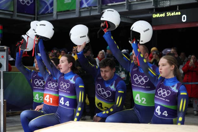 Olympics Milan Cortina 2026 Luge Team Relay, team Ukraine, Cortina d Ampezzo, Italy, February 12, 2026. Photo Felice Calabro  Copyright: xFelicexCalabro x xipa-agency.netx xFELICExCALABRO x IPA_Agency_IPA71391604