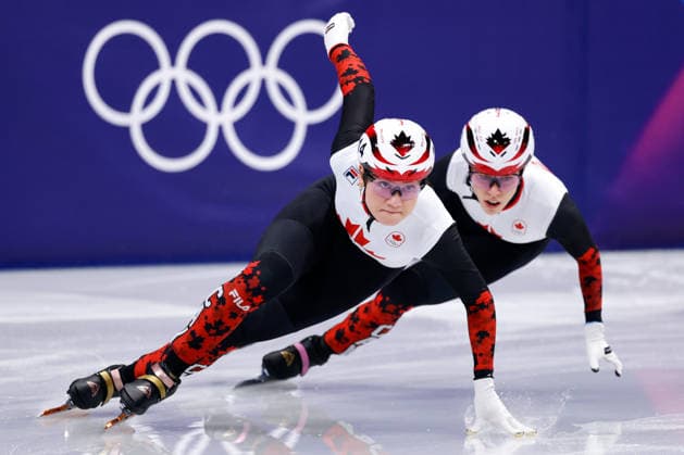2026-02-12 Short Track Speed skating, Eisschnelllauf - Milano Cortina 2026 Winter Olympics - Day 6 MILAN, ITALY - FEBRUARY 12: Courtney Sarault of Canada, Florence Brunelle of Canada competing in the Women s 500m during Day 6 of Short Track Speed Skating - Milano Cortina 2026 Winter Olympics at Milano Ice Skating Arena on February 12, 2026 in Milan, Italy. (Photo by Joris Verwijst BSR Agency) Milan Italy Content not available for redistribution in The Netherlands directly or indirectly through any third parties. Copyright: xBSRxAgencyx