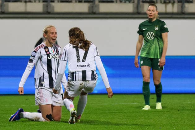 Wolfsburg, Germany February 12, 2026 UEFA Champions League Women 2025 2026 1 8 Final VfL Wolfsburg vs Juventus Turin In the picture from left scorer Amalie Vangsgaard Juventus Turin scores the goal for Juventus Turin 2 0 and cheers with Emma Stolen Godo Juventus Turin Copyright: HMBxMedia MadeleinexFantini