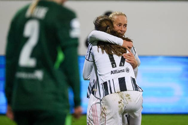 Wolfsburg, Germany February 12, 2026 UEFA Champions League Women 2025 2026 1 8 Final VfL Wolfsburg vs Juventus Turin In the picture from left the second scorer Amalie Vangsgaard Juventus Turin scores the goal to 2 0 for Juventus Turin and cheers with Emma Stolen Godo Juventus Turin Copyright: HMBxMedia MadeleinexFantini