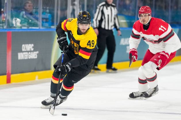 Lukas Kalble (Germany) controll the puck during the Ice hockey, Eishockey Men - Preliminary Round - Group C match between Germany v Denmark on day six of the Milano Cortina 2026 Winter Olympic Games, Olympische Spiele, Olympia, OS at Milano Rho Ice Hockey Arena on February 12, 2026 in Milan, Italy. (Photo by Alex Gottschalk DeFodi Images) - *** Lukas Kalble Germany controll the puck during the Ice Hockey Men Preliminary Round Group C match between Germany v Denmark on day six of the Milano Cortina 2026 Winter Olympic games at Milano Rho Ice Hockey Arena on February 12, 2026 in Milan, Italy Photo by Alex Gottschalk DeFodi Images