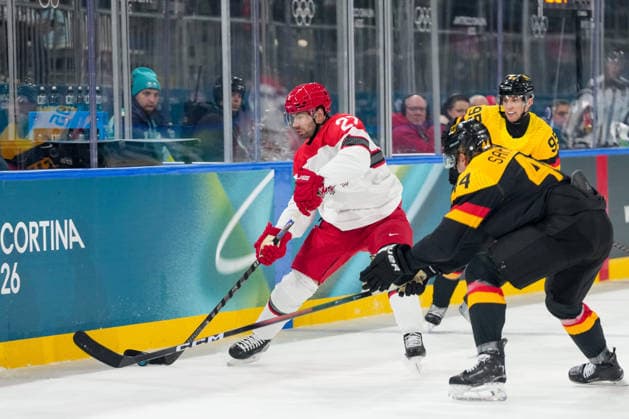 Oliver Bjorkstrand (Denmark) controll the puck during the Ice hockey, Eishockey Men - Preliminary Round - Group C match between Germany v Denmark on day six of the Milano Cortina 2026 Winter Olympic Games, Olympische Spiele, Olympia, OS at Milano Rho Ice Hockey Arena on February 12, 2026 in Milan, Italy. (Photo by Alex Gottschalk DeFodi Images) - *** Oliver Bjorkstrand Denmark controll the puck during the Ice Hockey Men Preliminary Round Group C match between Germany v Denmark on day six of the Milano Cortina 2026 Winter Olympic games at Milano Rho Ice Hockey Arena on February 12, 2026 in Milan, Italy Photo by Alex Gottschalk DeFodi Images