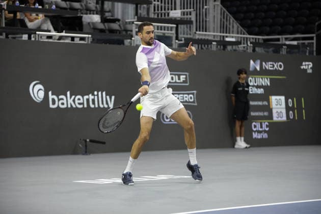 February 12, 2026, Frisco, Texas, USA: MARIN CILIC (CRO) hits the ball during a menÃ¢â‚¬â ¢s singles match at 2026 Nexo Dallas Open at The Ford Center at The Star in Frisco, Texas. Marin Cilic defeated Ethan Quinn, 7:6, 6:3. Tennis 2026: Dallas Open: Quinn 7:6, 6:3 Cilic  - ZUMAh193 20260212_zsp_h193_003 Copyright: xDanielxMcGregor-Huyerx