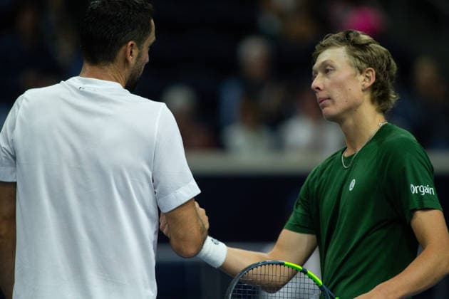 February 12, 2026, Frisco, Texas, USA: MARIN CILIC (CRO) and ETHAN QUINN (USA) shake hands during a menÃ¢â‚¬â ¢s singles match at 2026 Nexo Dallas Open at The Ford Center at The Star in Frisco, Texas. Marin Cilic defeated Ethan Quinn, 7:6, 6:3. Tennis 2026: Dallas Open: Quinn 7:6, 6:3 Cilic  - ZUMAh193 20260212_zsp_h193_025 Copyright: xDanielxMcGregor-Huyerx
