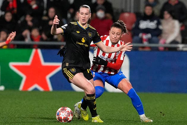 ATLETICO DE MADRID v Manchester United, ManU WOMEN. UEFA WOMEN S CHAMPIONS LEAGUE 2025 2026. KO PLAY-OFF. 1ST LEG MATCH. Atletico de Madrid s Carmen Menayo (r) and Manchester United Women™s Elisabeth Terland during UEFA Womens Champions League 2025 2026 KO play-off 1st leg match. February 12,2026. (ALTERPHOTOS Acero) Alcala de HenaresSpain  Copyright: xAcerox