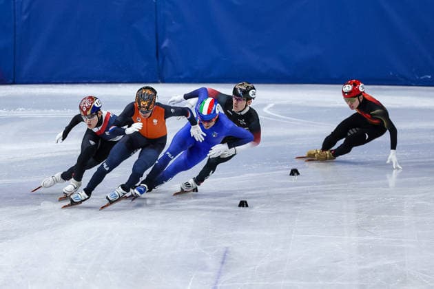 GIOCHI OLIMPICI - Olimpiadi Invernali Milano-Cortina 2026 - Short Track Speed skating, Eisschnelllauf Men s 1000m Finals Jens van T Wout (NED), Luca Spechenhauser (ITA), Shaoang Liu (CHN), Jongun Rim (KOR) and Xiaojun Lin (CHN) during the Olympic Winter games, Winterspiele,Spiele, Summer games Milano-Cortina 2026, Short Track Speed Skating Men s 1000m Finals on February 12, 2026 at Milano Ice Skating Arena in Milan, Italy Cortina D Ampezzo Italy  Copyright: xIPAxSport ABACAx