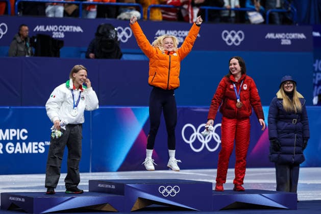 Xandra Velzeboer (NED), 1st place, gold medal, on the podium, happiness after winning the gold medal at the end of the Olympic Winter games, Winterspiele,Spiele, Summer games Milano-Cortina 2026, Short Track Speed skating, Eisschnelllauf Women s 500m Finals on February 12, 2026 at Milano Ice Skating Arena in Milan, Italy  Copyright: xFabrizioxCarabelli IPAxSportx xipa-agency.netx xx IPA_71398286 IPA_Agency_IPA71398286