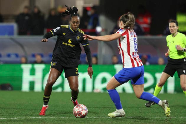 February 12, 2026, Alcala De Henares, Madrid, SPAIN: Melvine Malard of Manchester United, ManU and Vilde Boe Risa of Atletico de Madrid in action during the UEFA Women s Champions League KO play-offs 1st leg match between Atletico de Madrid and Manchester United at Centro Deportivo Alcala de Henares, on February 12, 2026, in Alcala de Henares, Madrid, Spain. Atletico De Madrid V Manchester United - Champions League - ZUMAa181 20260212_zaa_a181_311 Copyright: xIrinaxR.xHipolitox