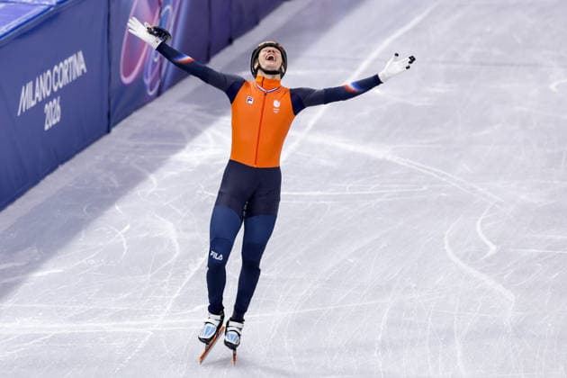 2026-02-12 Short Track Speed skating, Eisschnelllauf - Milano Cortina 2026 Winter Olympics - Day 6 MILAN, ITALY - FEBRUARY 12: Jens van t Wout of the Netherlands celebrating after competing in the Men s 1000m during Day 6 of Short Track Speed Skating - Milano Cortina 2026 Winter Olympics at Milano Ice Skating Arena on February 12, 2026 in Milan, Italy. (Photo by Joris Verwijst BSR Agency) Milan Italy Content not available for redistribution in The Netherlands directly or indirectly through any third parties. Copyright: xBSRxAgencyx