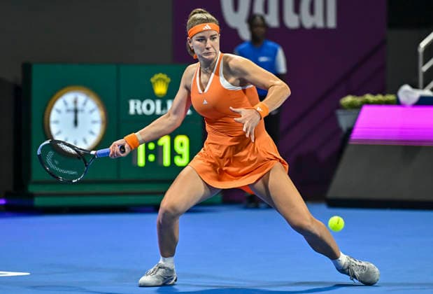 WTA, Tennis Damen QATAR OPEN 2026-QUARTERFINAL Karolina Muchova of the Czech Republic competes in her quarterfinal match against Anna Kalinskaya of Russia during the WTA Qatar TotalEnergies Open 2026 tennis tournament at the Khalifa International Tennis Complex in Doha, Qatar, on February 12, 2026. DOHA Qatar Copyright: xNOUSHADx
