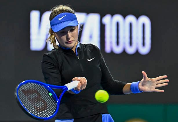 WTA, Tennis Damen QATAR OPEN 2026-QUARTERFINAL Anna Kalinskaya of Russia competes in her quarterfinal match against Karolina Muchova of the Czech Republic during the WTA Qatar TotalEnergies Open 2026 tennis tournament at the Khalifa International Tennis Complex in Doha, Qatar, on February 12, 2026. DOHA Qatar Copyright: xNOUSHADx