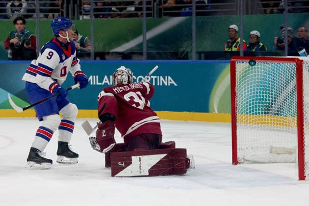 February 12, 2026, Milan, Lombardy, Italy: Jack Eichel 9 of Team United States shot hits the cross bar against Team Latvia in men s Ice hockey, Eishockey group C play during the Milano Cortina 2026 Olympic Winter games, Winterspiele,Spiele, Summer games at Milano Santagiulia Ice Hockey Arena Olympics 2026: Milano Cortina: Ice Hockey Men - Group C - LAT-USA  - ZUMAm117 20260212_oly_m117_030 Copyright: xDavidxMcIntyrex