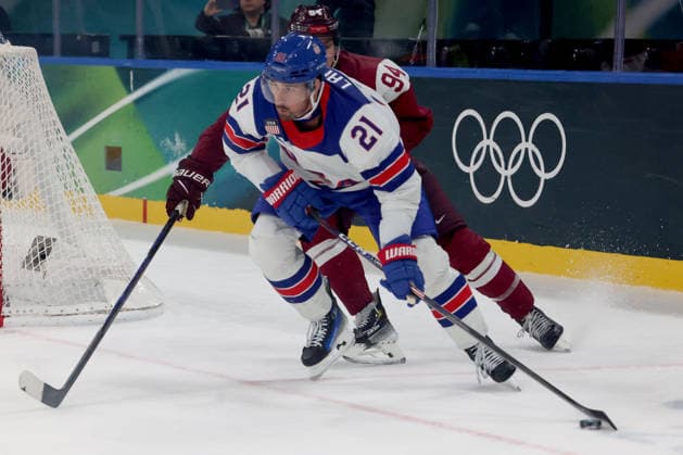 February 12, 2026, Milan, Lombardy, Italy: Dylan Larkin 21 of Team United States and Team Latvia in men s Ice hockey, Eishockey group C play during the Milano Cortina 2026 Olympic Winter games, Winterspiele,Spiele, Summer games at Milano Santagiulia Ice Hockey Arena Olympics 2026: Milano Cortina: Ice Hockey Men - Group C - LAT-USA  - ZUMAm117 20260212_oly_m117_044 Copyright: xDavidxMcIntyrex