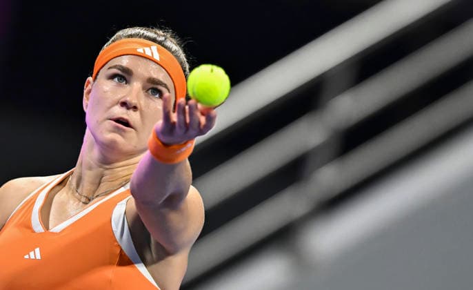 February 12, 2026, Doha, Qatar: Karolina Muchova of the Czech Republic plays against Anna Kalinskaya of Russia (not in view) during their quarterfinal match at the WTA, Tennis Damen Qatar TotalEnergies Open 2026 tennis tournament at the Khalifa International Tennis Complex. Karolina Muchovawon against Anna Kalinskaya. 6-3,6-4. WTA Qatar TotalEnergies Open 2026-Quarterfinal In Doha - 13 Feb 2026  - ZUMAs197 20260212_aaa_s197_242 Copyright: xNoushadxVariyattiyakkalx