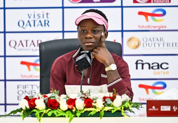February 12, 2026, Doha, Qatar: Victoria Mboko of Canada attends a press conference, PK, Pressekonferenz after defeating Elena Rybakina of Kazakhstan (not in view) in the quarterfinal on Day Five the WTA, Tennis Damen Qatar TotalEnergies Open 2026 tennis tournament at the Khalifa International Tennis Complex. Victoria Mbokowon against Elena Rybakina 7-4.4-6,6-4. WTA Qatar TotalEnergies Open 2026-Quarterfinal In Doha - 12 Feb 2026  - ZUMAs197 20260212_aaa_s197_270 Copyright: xNoushadxVariyattiyakkalx