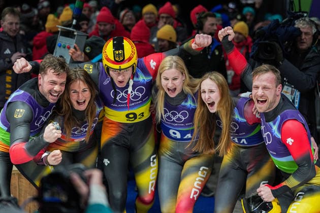 CORTINA D AMPEZZO, ITALY - FEBRUARY 12: Julia Taubitz, Dajana Eitberger, Magdalena Matschina, Tobias Wendl, Tobias Arlt and Max Langenhan of Team Germany celebrate winning gold after the Luge Team Relay on day six of the Milano Cortina 2026 Winter Olympics at Cortina Sliding Centre on February 12, 2026 in Cortina d Ampezzo, Italy.  Copyright: xChinaxNewsxServicex 111620982641