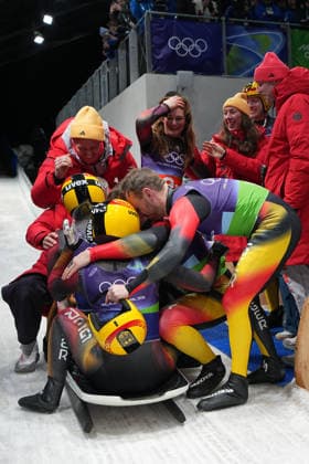 CORTINA D AMPEZZO, ITALY - FEBRUARY 12: Julia Taubitz, Dajana Eitberger, Magdalena Matschina, Tobias Wendl, Tobias Arlt and Max Langenhan of Team Germany celebrate winning gold after the Luge Team Relay on day six of the Milano Cortina 2026 Winter Olympics at Cortina Sliding Centre on February 12, 2026 in Cortina d Ampezzo, Italy.  Copyright: xChinaxNewsxServicex 111620982648