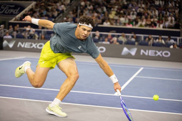 February 12, 2026, Frisco, Texas, USA: BEN SHELTON (USA) uses a back hand during a menâ€⠢s singles match at 2026 Nexo Dallas Open at The Ford Center at The Star in Frisco, Texas. Ben Shelton advances to the quarterfinals after defeating Adrian Mannarino, 7:6, 6:7, 6:3. Tennis 2026: Dallas Open: Shelton 7:6, 6:7, 6:3 Mannarino - ZUMAh193 20260212_zsp_h193_067 Copyright: xDanielxMcGregor-Huyerx