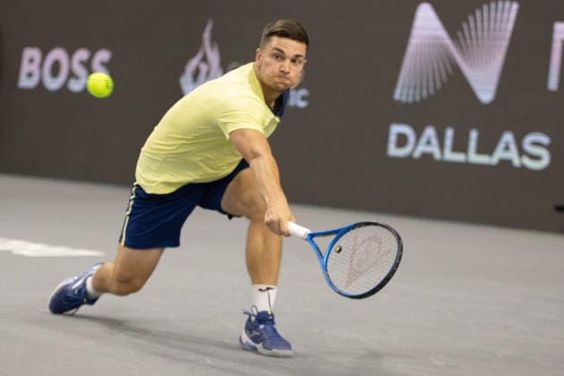 February 13, 2026, Frisco, Texas, USA: MIOMIR KECMANOVIC (SRB) uses a backhand during a menÃ¢â‚¬â ¢s singles match at 2026 Nexo Dallas Open at The Ford Center at The Star in Frisco, Texas. Miomir Kecmanovic advances to the quarterfinals after defeating Tommy Paul, 5:7, 6:4, 6:4. Frisco USA - ZUMAh193 20260213_zsp_h193_004 Copyright: xDanielxMcGregor-Huyerx