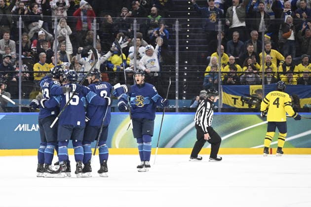 MILAN, ITALY 20260213 Finland celebrates after Finland s Nikolas Matinpalo (33) scores a 1-0 goal during the Ice hockey, Eishockey match in Group B between Sweden and Finland at the Santagiulia Arena during the Milan Olympics. *** The image is included in the SPORTS PACKAGE. For others PAID IMAGE *** MILANO ITALY x10070x *** MILAN, ITALY 20260213 Finland celebrates after Finland s Nikolas Matinpalo 33 scores a 1 0 goal during the ice hockey match in Group B between Sweden and Finland at the Santagiulia Arena during the Milan Olympics The image is included in the SPORTS PACKAGE For others PAID IMAGE MILANO ITALY x10070x  Copyright: xJessicaxGow TTx OS 2026 ICE HOCKEY FINLAND-SWEDER