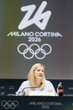 Milan Cortina Olympics: IOC president International Olympic Committee President Kirsty Coventry holds a press conference, PK, Pressekonferenz at the main press center of the Milan Cortina Olympics in Milan on Feb. 13, 2026.  A14AA0005278113P