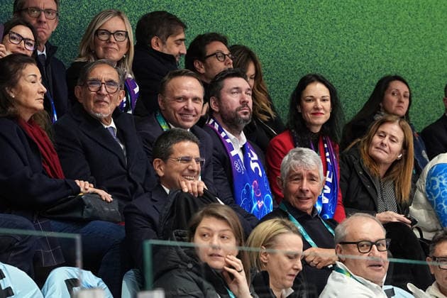 Ice hockey, Eishockey Italy-Slovakia, Ignazio Larussa, president of the Senato, Francesco Lollobrigida, agricolture minister, Andrea Abodi, minister of they watch the match at the 2026 Winter Olympics, Milan, Italy, Thursday, Feb. 13, 2026. (Gian Mattia D Alberto LaPresse)  Copyright: xGianxMattiaxD Alberto LaPressex