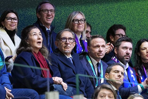 Ice hockey, Eishockey Italy-Slovakia, Ignazio Larussa, president of the Senato, Francesco Lollobrigida, agricolture minister, Andrea Abodi, minister of they watch the match at the 2026 Winter Olympics, Milan, Italy, Thursday, Feb. 13, 2026. (Gian Mattia D Alberto LaPresse)  Copyright: xGianxMattiaxD Alberto LaPressex