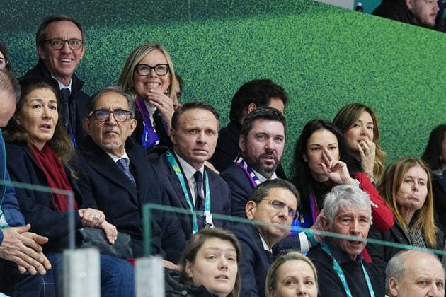 Ice hockey, Eishockey Italy-Slovakia, Ignazio Larussa, president of the Senato, Francesco Lollobrigida, agricolture minister, Andrea Abodi, minister of they watch the match at the 2026 Winter Olympics, Milan, Italy, Thursday, Feb. 13, 2026. (Gian Mattia D Alberto LaPresse)  Copyright: xGianxMattiaxD Alberto LaPressex
