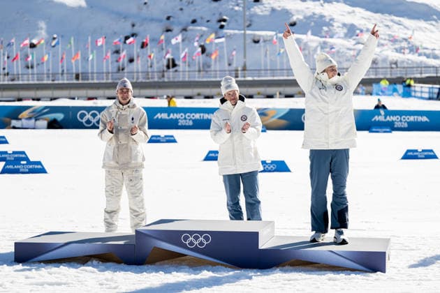 260213 Mathis Desloges of France, Johannes Hosflot Klaebo of Norway and Einar Hedegart of Norway celebrate on the podium after the men s 10km free technique individual start cross-country skiing race during day 7 of the 2026 Winter Olympics on February 13, 2026 in Val di Fiemme. Photo: Maxim Thore BILDBYRAN kod MT MT0976 skidor cross-country skiing langrenn Olympic Games, Olympische Spiele, Olympia, OS olympics winter olympics os ol olympiska spel vinter-os olympiske leker milano cortina 2026 milan cortina 2026 milano cortina 2026 olympic games milano cortina 2026 winter olympic games milano cortina-os milano cortina-ol vinter-ol 7 bbeng intervallstart norge frankrike jubel *** 260213 Mathis Desloges of France, Johannes Hosflot Klaebo of Norway and Einar Hedegart of Norway celebrate on the podium after the men s 10km free technique individual start cross country skiing race during day 7 of the 2026 Winter Olympics on February 13, 2026 in Val di Fiemme Photo Maxim Thore BILDBYRAN kod MT MT0976 skidor cross country skiing langrenn olympic games olympics winter olympics os ol olympiska spel vinter os olympiske leker milano cortina 2026 milan cortina 2026 milano cortina 2026 olympic games milano cortina 2026 winter olympic games milano cortina os milano cortina ol vinter ol 7 bbeng intervallstart norge france jubel  Copyright: MAXIMxTHORE BB260213MT105