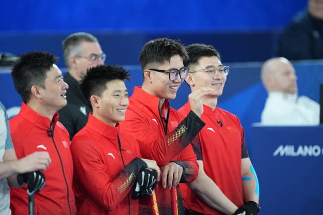 (260213) -- CORTINA D AMPEZZO, Feb. 13, 2026 -- Xu Xiaoming, Fei Xueqing, Li Zhichao and Xu Jingtao (from L to R) of China react before the curling men round robin session 3 match between China and Norway at the Milan-Cortina 2026 Olympic Winter games, Winterspiele,Spiele, Summer games in Cortina, Italy, Feb. 13, 2026. ) (MICO2026)ITALY-CORTINA D AMPEZZO-OLYMPIC WINTER GAMES-CURLING-MEN-ROUND ROBIN-CHN VS NOR LixGang 
