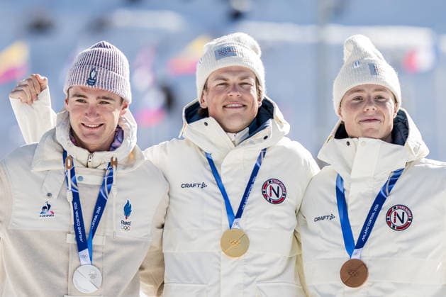 260213 Mathis Desloges of France, Johannes Hosflot Klaebo of Norway and Einar Hedegart of Norway celebrate on the podium after the men s 10km free technique individual start cross-country skiing race during day 7 of the 2026 Winter Olympics on February 13, 2026 in Val di Fiemme. Photo: Maxim Thore BILDBYRAN kod MT MT0976 skidor cross-country skiing langrenn Olympic Games, Olympische Spiele, Olympia, OS olympics winter olympics os ol olympiska spel vinter-os olympiske leker milano cortina 2026 milan cortina 2026 milano cortina 2026 olympic games milano cortina 2026 winter olympic games milano cortina-os milano cortina-ol vinter-ol 7 bbeng intervallstart norge frankrike jubel *** 260213 Mathis Desloges of France, Johannes Hosflot Klaebo of Norway and Einar Hedegart of Norway celebrate on the podium after the men s 10km free technique individual start cross country skiing race during day 7 of the 2026 Winter Olympics on February 13, 2026 in Val di Fiemme Photo Maxim Thore BILDBYRAN kod MT MT0976 skidor cross country skiing langrenn olympic games olympics winter olympics os ol olympiska spel vinter os olympiske leker milano cortina 2026 milan cortina 2026 milano cortina 2026 olympic games milano cortina 2026 winter olympic games milano cortina os milano cortina ol vinter ol 7 bbeng intervallstart norge france jubel  Copyright: MAXIMxTHORE BB260213MT109