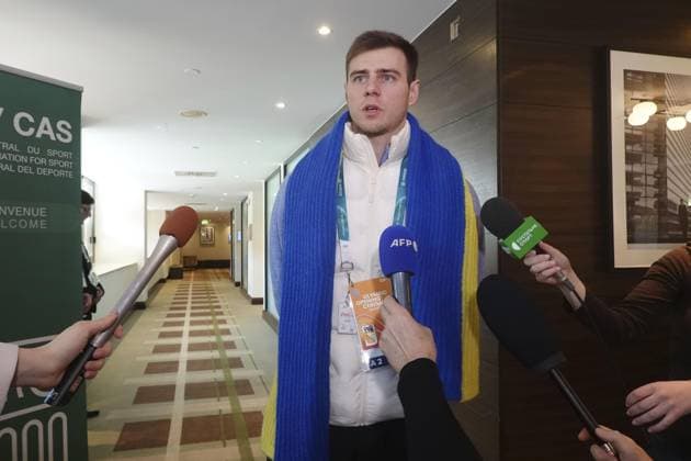 Milan Cortina Olympics: Disqualified Ukrainian athlete Ukrainian skeleton racer Vladyslav Heraskevych meets the press in Milan on Feb. 13, 2026, after the Court of Arbitration for heard his appeal of an International Olympic Committee decision to disqualify him from competition at the Milan Cortina Olympics. He was barred from competing in games for refusing to give up a plan to wear a helmet displaying images of athletes who were killed during Russian attacks on Ukraine.  A14AA0005278115P