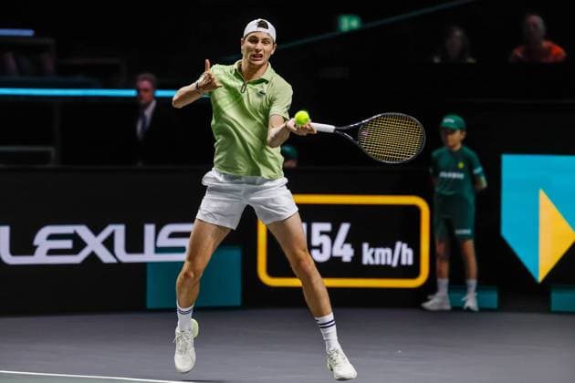 Ugo Humbert in action against Christopher O Connell ABN AMRO Open, Day 5, Day Five, ABN AMRO Open, Rotterdam Ahoy, February 13, 2026, Rotterdam, Netherlands.