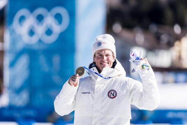 TESERO, ITALY - FEBRUARY 13: Gold medalist Johannes Hoesflot Klaebo (Norway) during the medal ceremony of the Cross-Country Skiing Men s 10km Interval Start Free at the Milano Cortina 2026 Olympics at Tesero Cross-Country Skiing Stadium on day 7 of the Milano Cortina 2026 Olympics on February 13, 2026 in Cortina, Italy. Editorial use only. Italy Copyright: xSteffiexWunderlx