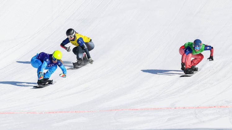OLYMPICS - Winter Olympic Games, Olympische Spiele, Olympia, OS Milano Cortina 2026 LIVIGNO,ITALY,13.FEB.26 - OLYMPICS, SNOWBOARD - Winter Olympic Games Milano Cortina 2026, Snowboard Cross, women, final. Image shows Michela Moioli (ITA), Pia Zerkhold (AUT) and Noemie Wiedmer (SUI).  GEPAxpictures xHaraldxSteiner