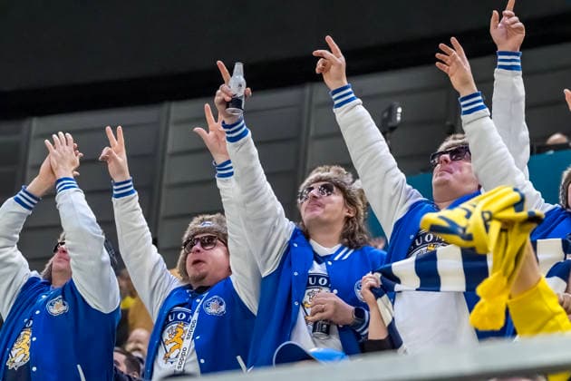 February 13, 2026, Milan, Lombardy, Italy: Fans cheer on their team during the Team Slovakia Vs Team Finland Group A match at the Milano Santagiulia Ice hockey, Eishockey Arena in MILAN, Italy for the 2026 Milano Cortina Winter Olympics. Team Finland wins the game, 4:1 Milan Italy - ZUMAa161 20260213_oly_a161_048 Copyright: xWalterxG.xArcex