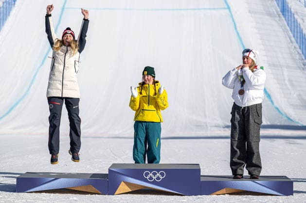 XXV Winter Olympic Games, Olympische Spiele, Olympia, OS in Livigno, Italy, on February 13, 2026. Women s Snowboard Cross. On the podium from left: Eva Adamczykova from Czech Republic, Josie Baff from Australia and Michela Moioli from Italy. (CTKxPhoto DavidxTanecek) CTKPhotoP2026021306801  CTKPhotoP2026021306801