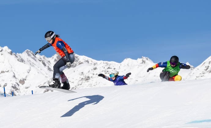 OLYMPICS - Winter Olympic Games, Olympische Spiele, Olympia, OS Milano Cortina 2026 LIVIGNO,ITALY,13.FEB.26 - OLYMPICS, SNOWBOARD - Winter Olympic Games Milano Cortina 2026, Snowboard Cross, women, final. Image shows Pia Zerkhold (AUT), Noemie Wiedmer (SUI) and Jana Fischer (GER).  GEPAxpictures xHaraldxSteiner