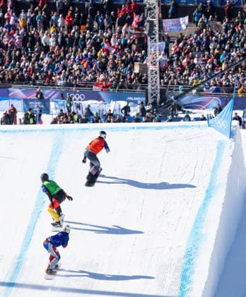 OLYMPICS - Winter Olympic Games, Olympische Spiele, Olympia, OS Milano Cortina 2026 LIVIGNO,ITALY,13.FEB.26 - OLYMPICS, SNOWBOARD - Winter Olympic Games Milano Cortina 2026, Snowboard Cross, women, final. Image shows Pia Zerkhold (AUT), Jana Fischer (GER) and Karolina Hrusova (CZE).  GEPAxpictures xHaraldxSteiner