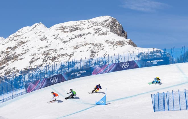 OLYMPICS - Winter Olympic Games, Olympische Spiele, Olympia, OS Milano Cortina 2026 LIVIGNO,ITALY,13.FEB.26 - OLYMPICS, SNOWBOARD - Winter Olympic Games Milano Cortina 2026, Snowboard Cross, women, final. Image shows Lea Casta (FRA), Pia Zerkhold (AUT), Jana Fischer (GER) and Sofia Groblechner (ITA).  GEPAxpictures xHaraldxSteiner