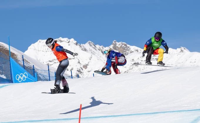 OLYMPICS - Winter Olympic Games, Olympische Spiele, Olympia, OS Milano Cortina 2026 LIVIGNO,ITALY,13.FEB.26 - OLYMPICS, SNOWBOARD - Winter Olympic Games Milano Cortina 2026, Snowboard Cross, women, final. Image shows Pia Zerkhold (AUT), Noemie Wiedmer (SUI) and Jana Fischer (GER).  GEPAxpictures xHaraldxSteiner