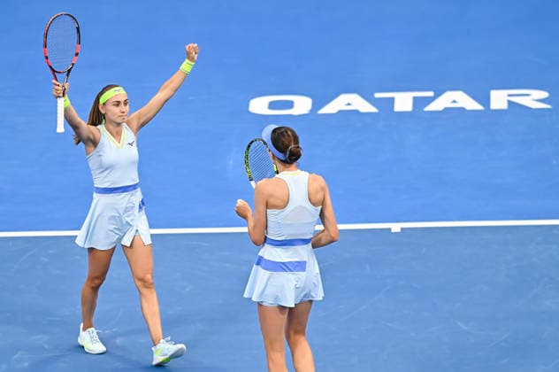 WTA, Tennis Damen QATAR OPEN 2026-DOUBLES SEMIFINAL Anna Danilina of Kazakhstan and Aleksandra Krunic of Serbia celebrate after winning their Women s doubles semifinal match against Gabriela Dabrowski of Canada and Luisa Stefani of Brazil at the WTA Qatar TotalEnergies Open 2026 tennis tournament at the Khalifa International Tennis Complex in Doha, Qatar, on February 13, 2026. ¨¨¨ DOHA Qatar Copyright: xNOUSHADx