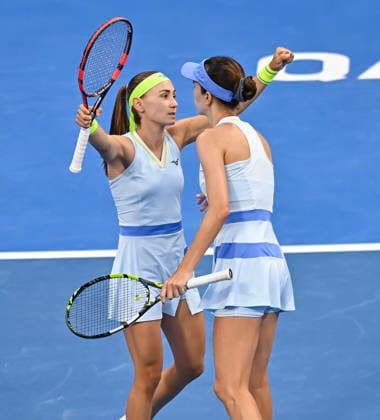WTA, Tennis Damen QATAR OPEN 2026-DOUBLES SEMIFINAL Anna Danilina of Kazakhstan and Aleksandra Krunic of Serbia celebrate after winning their Women s doubles semifinal match against Gabriela Dabrowski of Canada and Luisa Stefani of Brazil at the WTA Qatar TotalEnergies Open 2026 tennis tournament at the Khalifa International Tennis Complex in Doha, Qatar, on February 13, 2026. ¨¨¨ DOHA Qatar Copyright: xNOUSHADx