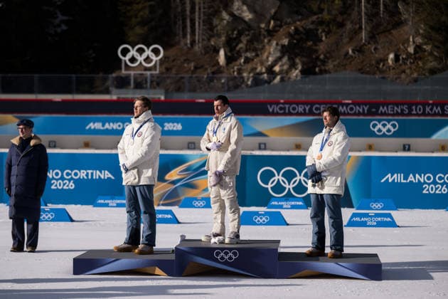 260213 Silver medalist Vetle Sjastad Christiansen of Norway, gold medalist Quentin Fillon Maillet of France and bronze medalist Sturla Holm Laegreid of Norway on the podium in men s biathlon 10 km sprint during day 7 of the 2026 Winter Olympics on February 13, 2026 in Anterselva. Photo: Mathias Bergeld BILDBYRAN kod MB MB1325 skidskytte biathlon skiskyting Olympic Games, Olympische Spiele, Olympia, OS olympics winter olympics os ol olympiska spel vinter-os olympiske leker milano cortina 2026 milan cortina 2026 milano cortina 2026 olympic games milano cortina 2026 winter olympic games milano cortina-os milano cortina-ol vinter-ol 7 bbeng sprint Norway norge Bronze brons Gold guld jubel *** 260213 Silver medalist Vetle Sjastad Christiansen of Norway, gold medalist Quentin Fillon Maillet of France and bronze medalist Sturla Holm Laegreid of Norway on the podium in men s biathlon 10 km sprint during day 7 of the 2026 Winter Olympics on February 13, 2026 in Anterselva Photo Mathias Bergeld BILDBYRAN code MB MB1325 biathlon biathlon olympic games olympics olympics winter olympics os ol olympiska spel vinter os olympiske leker milano cortina 2026 milan cortina 2026 milano cortina 2026 olympic games milano cortina 2026 winter olympic games milano cortina os milano cortina ol vinter ol 7 bbeng sprint Norway norge Bronze bronze Gold gold jubel  Copyright: MATHIASxBERGELD BB260213MB054