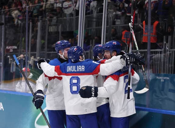(260213) -- MILAN, Feb. 13, 2026 -- Players of Slovakia celebrate during the Ice hockey, Eishockey men s preliminary round group B match between Italy and Slovakia at the Milan-Cortina 2026 Olympic Winter games, Winterspiele,Spiele, Summer games in Milan, Italy, Feb. 13, 2026. ) (MICO2026)ITALY-MILAN-OLYMPIC WINTER GAMES-ICE HOCKEY-MEN-PRELIMINARY-ITA VS SVK WangxKaiyan 