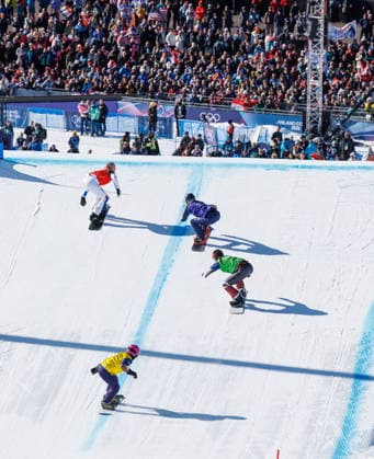OLYMPICS - Winter Olympic Games, Olympische Spiele, Olympia, OS Milano Cortina 2026 LIVIGNO,ITALY,13.FEB.26 - OLYMPICS, SNOWBOARD - Winter Olympic Games Milano Cortina 2026, Snowboard Cross, women, final. Image shows Chloe Trespeuch (FRA), Faye Thelen (USA), Audrey McManiman (CAN) and Remi Yoshida (JPN).  GEPAxpictures xHaraldxSteiner