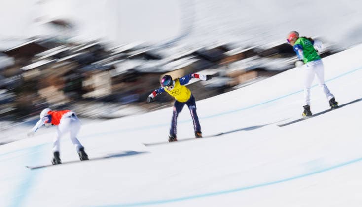 OLYMPICS - Winter Olympic Games, Olympische Spiele, Olympia, OS Milano Cortina 2026 LIVIGNO,ITALY,13.FEB.26 - OLYMPICS, SNOWBOARD - Winter Olympic Games Milano Cortina 2026, Snowboard Cross, women, final. Image shows Julia Nirani-Pereira (FRA), Faye Thelen (USA) and Chloe Trespeuch (FRA).  GEPAxpictures xHaraldxSteiner