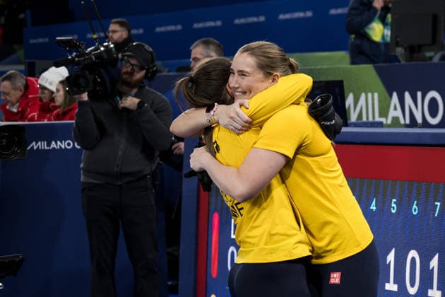 260213 Anna Hasselborg and Sara McManus of Sweden celebrate after competing in a women s round robin curling match between Denmark and Sweden during day 7 of the 2026 Winter Olympics on February 13, 2026 in Cortina. Photo: Joel Marklund BILDBYRAN kod JM JM0791 bbeng curling Olympic Games, Olympische Spiele, Olympia, OS olympics winter olympics os ol olympiska spel vinter-os olympiske leker milano cortina 2026 milan cortina 2026 milano cortina 2026 olympic games milano cortina 2026 winter olympic games milano cortina-os milano cortina-ol vinter-ol dam sverige danmark jubel *** 260213 Anna Hasselborg and Sara McManus of Sweden celebrate after competing in a women s round robin curling match between Denmark and Sweden during day 7 of the 2026 Winter Olympics on February 13, 2026 in Cortina Photo Joel Marklund BILDBYRAN kod JM JM0791 bbeng curling olympic games olympics winter olympics os ol olympiska spel vinter os olympiske leker milano cortina 2026 milan cortina 2026 milano cortina 2026 olympic games milano cortina 2026 winter olympic games milano cortina os milano cortina ol vinter ol dam sverige danmark jubel  Copyright: JOELxMARKLUND BB260213JM089