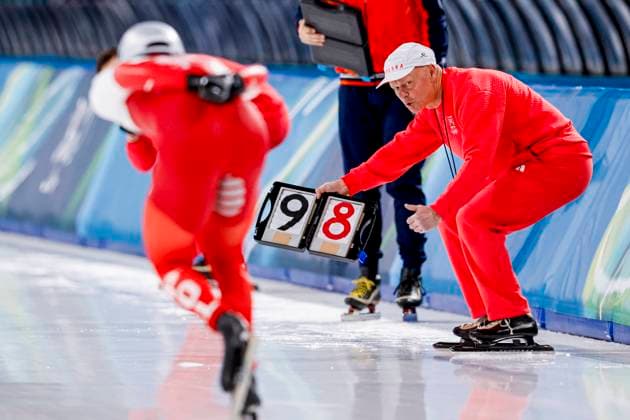 coach Henk Hopes of Poland looks shouting while Vladimir Semirunniy of Poland Men s 10000m, Milano Cortina 2026 Winter Olympics: Day 7, Speed skating, Eisschnelllauf - Milano Cortina 2026 Winter Olympics: Day 7, Milano Speed Skating Stadium, February 13, 2026, Milan, Italy.