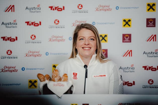 OLYMPICS - Winter Olympic Games, Olympische Spiele, Olympia, OS Milano Cortina 2026 CORTINA D AMPEZZO,ITALY,13.FEB.26 - OLYMPICS, BOBSLEIGH - Winter Olympic Games Milano Cortina 2026, monobob women, 2-man, press conference, PK, Pressekonferenz OEBSV, Austria House. Image shows Katrin Beierl (AUT) during an interview.  GEPAxpictures xAlexanderxSolc
